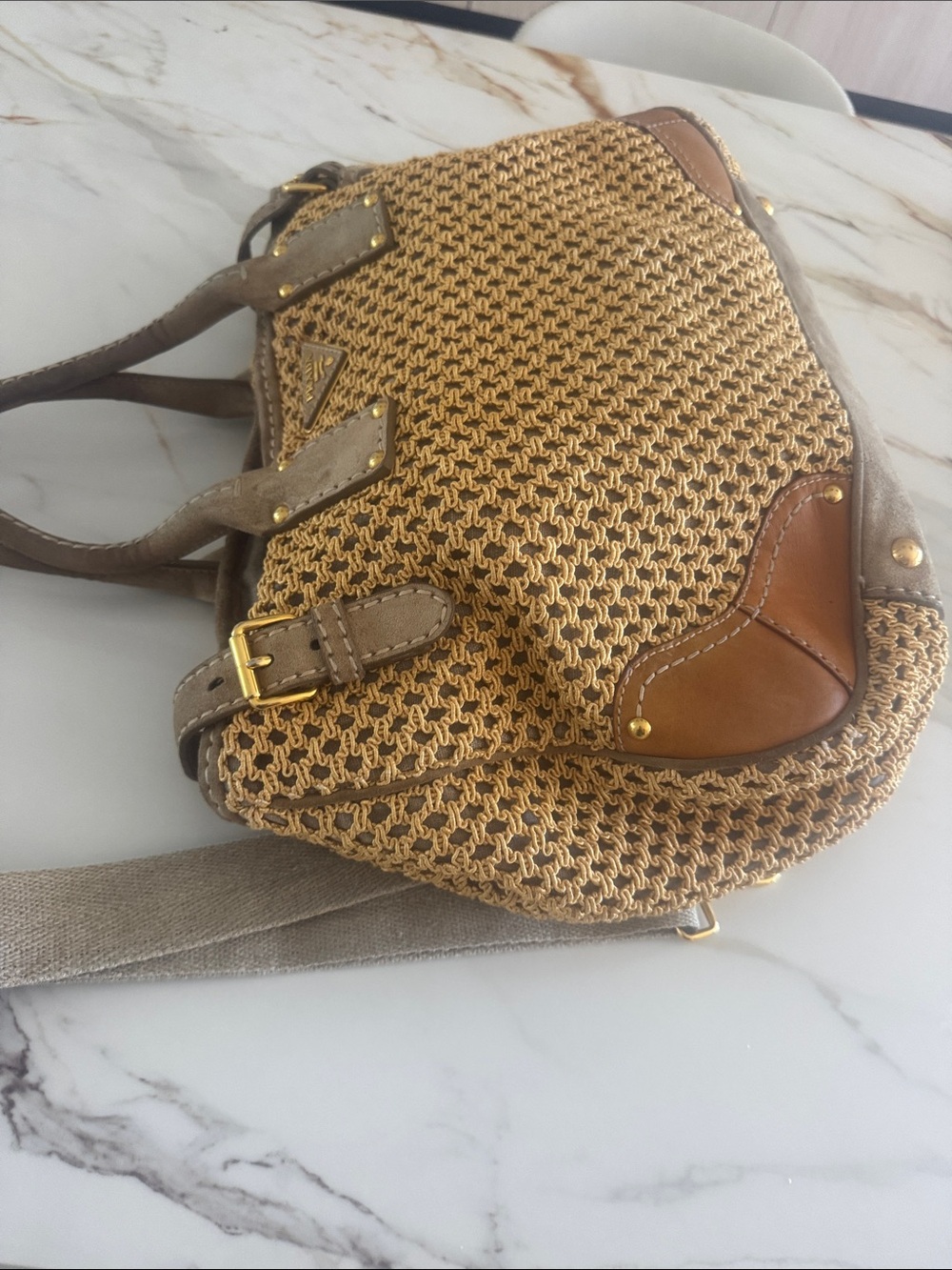 Prada Yellow Crochet Shoulder Bag with Taupe Leather Trim and shopping bag - Picture 4 of 16